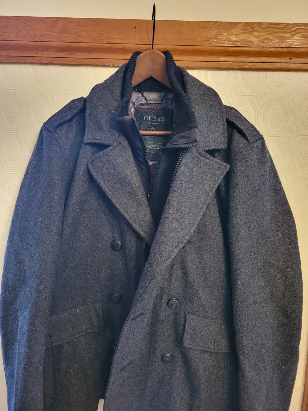 GUESS Wool Blend Peacoat Men's L — Charcoal Grey - Double-Breasted - Zip Inner L